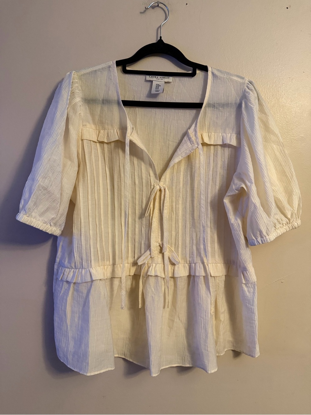 Laura Ashley Cream Pintuck Tie-Front Peasant Blouse